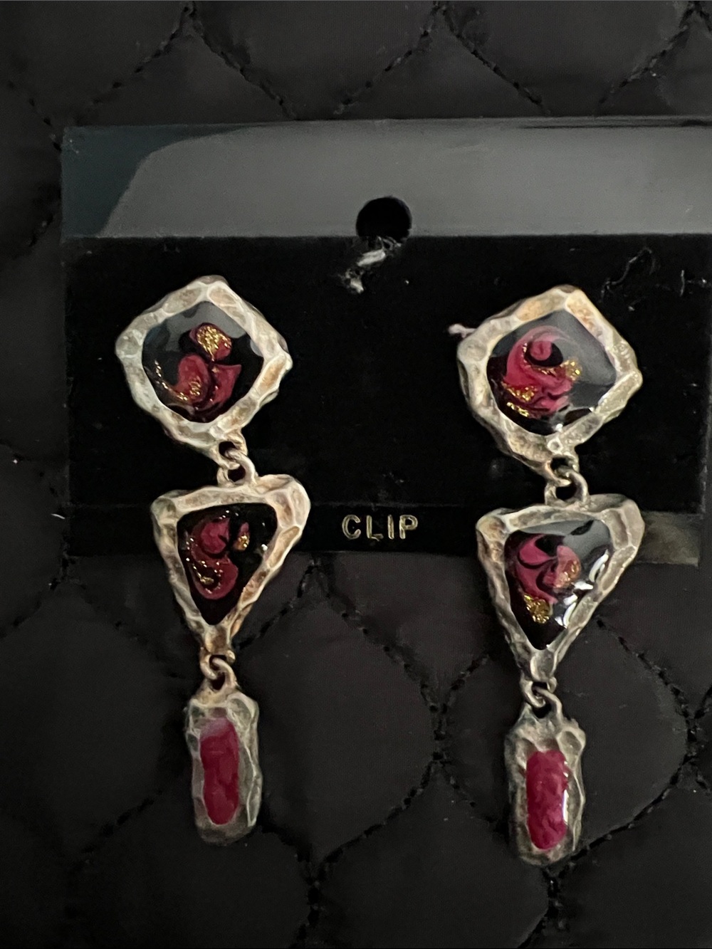 Handcrafted Pink and Black Clip-On Dangle Earrings 80s 90s style